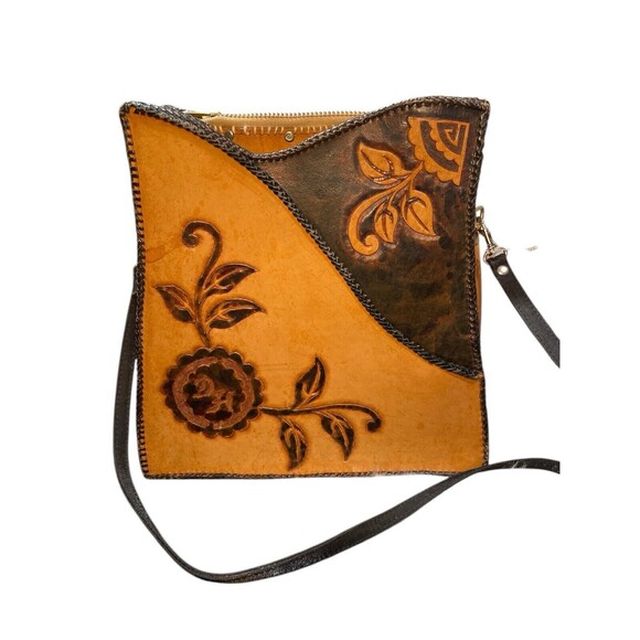 Vtg Shoulder Crossbody Bag Tooled Leather Purse Leather Western Stitched Strap - Picture 2 of 12